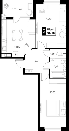Планировка 2-комн 64,1, 64,3 м²