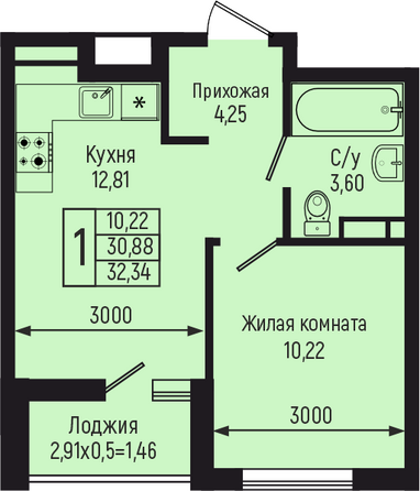 Планировка 1-комн 32,34 м²