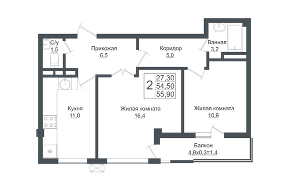 Планировка 2-комн 55,9 м²