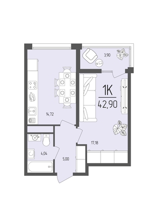 Планировка 1-комн 42,9 м²