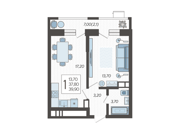 Планировка 1-комн 39,9 м²