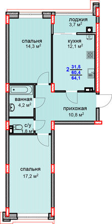 Планировка 2-комн 64,2 м²