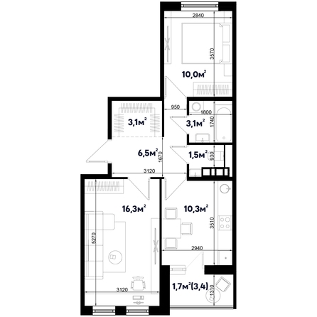 Планировка 2-комн 52,5 м²