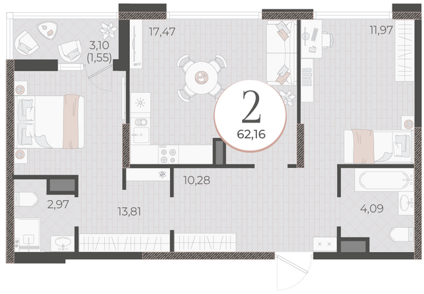 Планировка 2-комн 62,16 м²