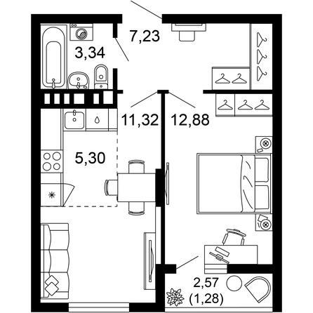 Планировка 2-комн 41,35 м²