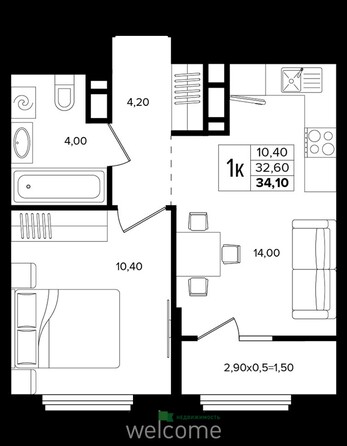 Планировка 1-комн 34,1 м²