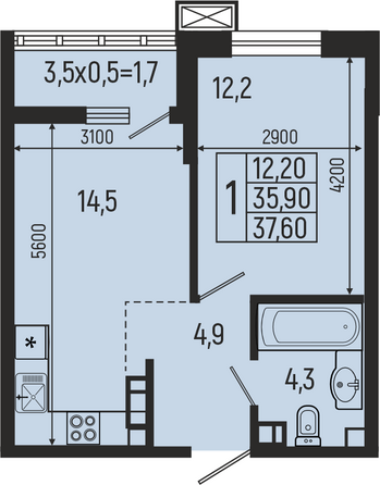 Планировка 1-комн 37,6 м²