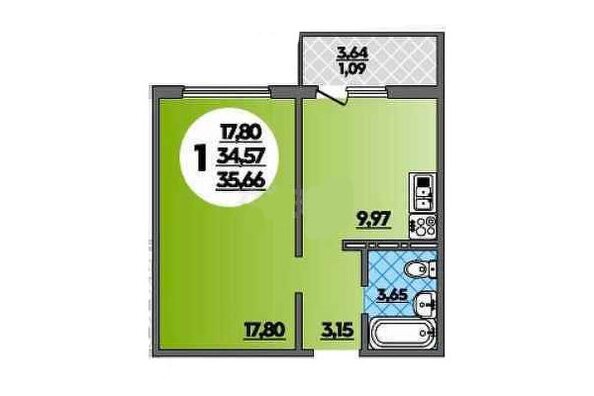 Планировка 1-комн 35,66 м²