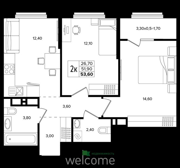 Планировка 2-комн 53,6 м²