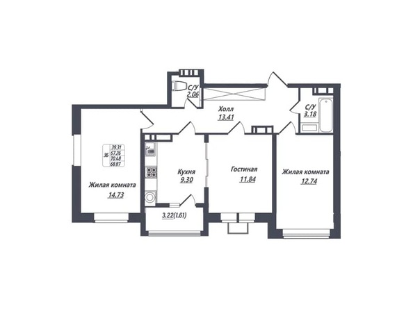 Планировка 3-комн 68,87 м²