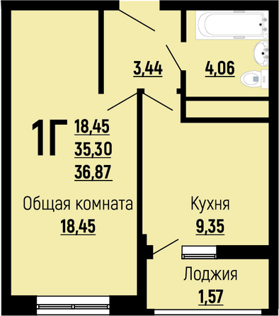 Планировка 1-комн 36,87 - 37,64 м²