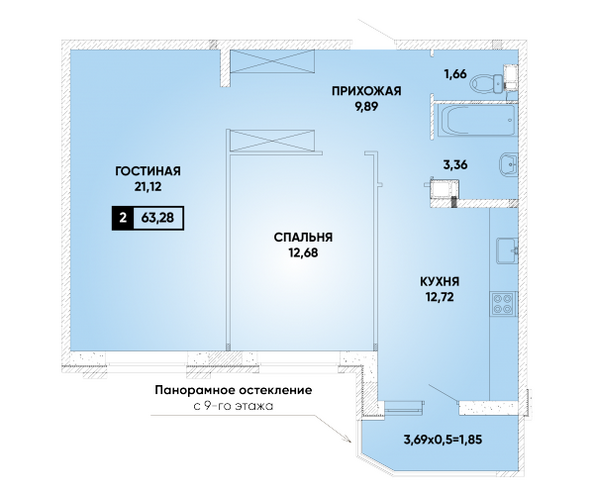 Планировка 2-комн 63,28 м²