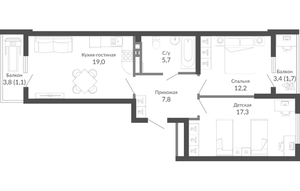 Планировка 2-комн 64,8 м²