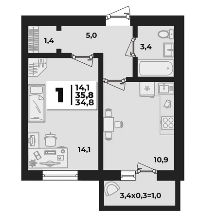 Планировка 1-комн 35,8 м²