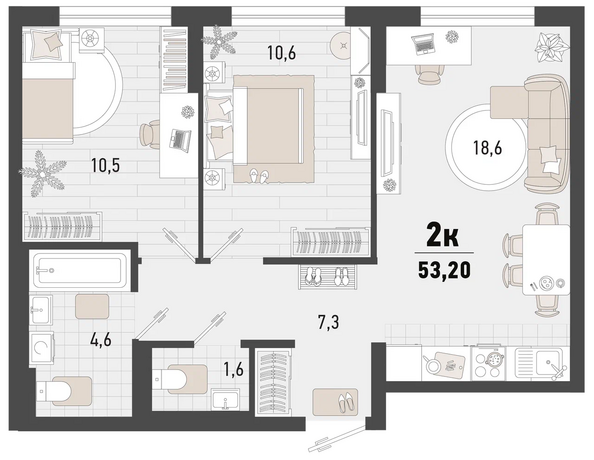 Планировка 2-комн 53,2, 53,7 м²
