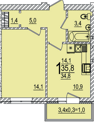 Планировка 1-комн 35,8 м²