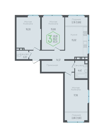 Планировка 3-комн 89,41 м²