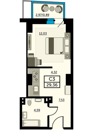 Планировка Студия 29,15 - 29,98 м²