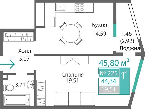 Планировка 1-комн 44,34 м²