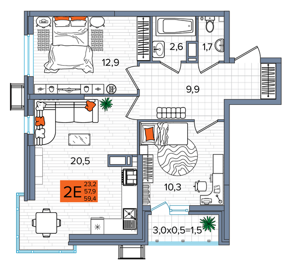 Планировка 2-комн 59,4 м²