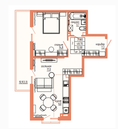 Планировка 2-комн 52 м²