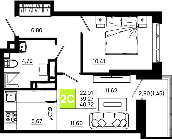 Планировка 1-комн 40,72 м²
