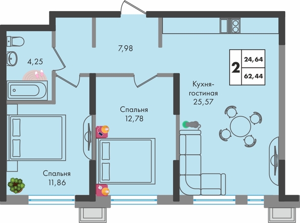 Планировка 2-комн 62,44 м²