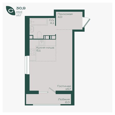 Планировка Студия 30,9 м²