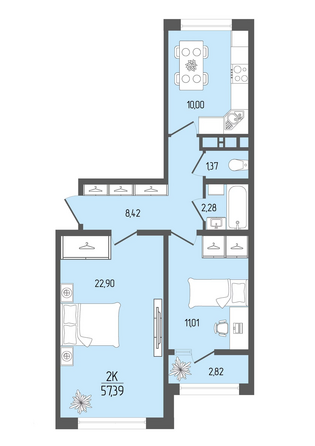 Планировка 2-комн 57,39 м²
