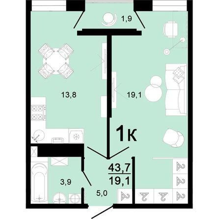 Планировка 1-комн 43,7, 44,3 м²