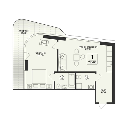 Планировка 2-комн 72,4 м²