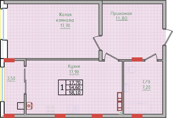 Планировка 1-комн 58,1 м²