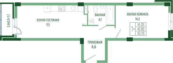 Планировка 1-комн 43,7 м²