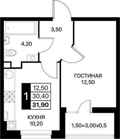 Планировка 1-комн 31,9 м²