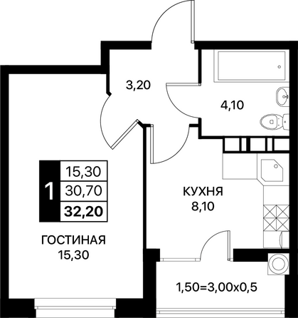 Планировка 1-комн 32,2 - 32,5 м²