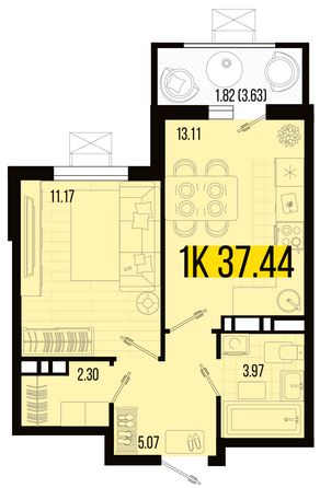 Планировка 1-комн 37,44 м²