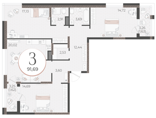 Планировка 3-комн 91,69 м²