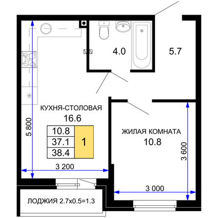 Планировка 1-комн 38,4 м²