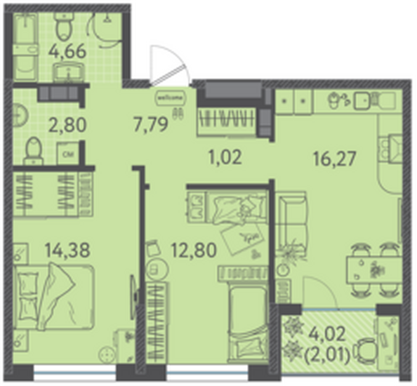 Планировка 2-комн 61,73 м²