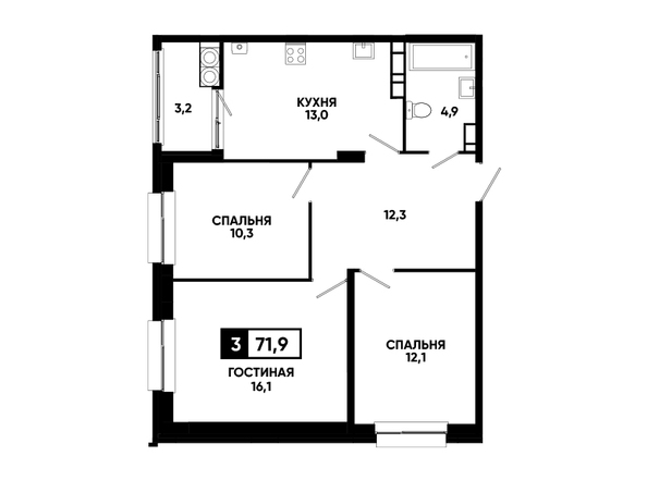 Планировка 3-комн 71,9 - 72,3 м²