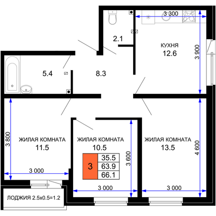 Планировка 3-комн 66,1 м²