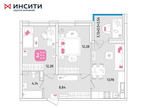 Планировка 2-комн 54,05 м²