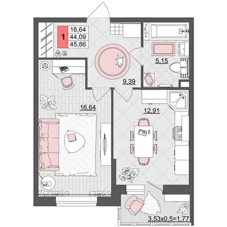 Планировка 1-комн 45,86 м²