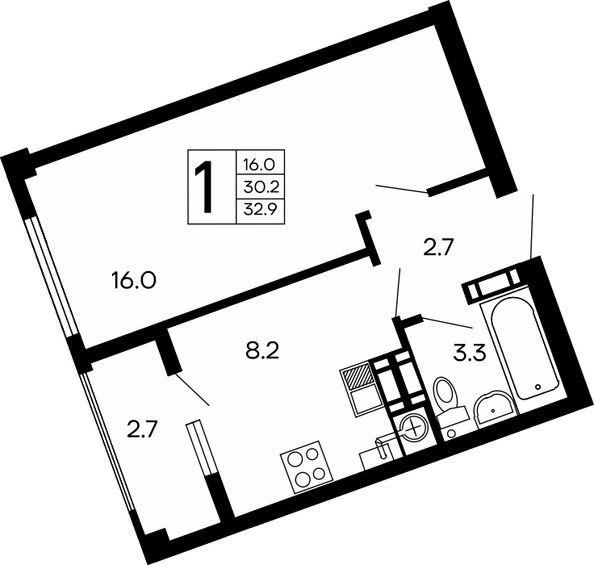 Планировка 1-комн 32,9 м²