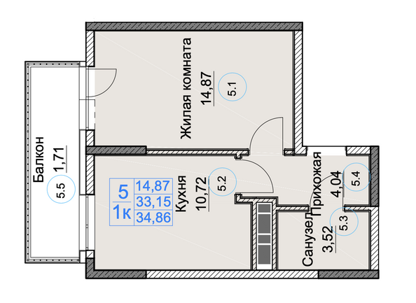 Планировка 1-комн 34,86 м²