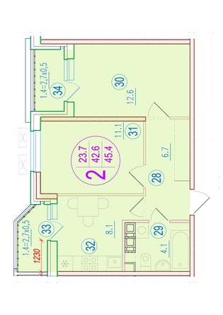 Планировка 2-комн 45,4 м²