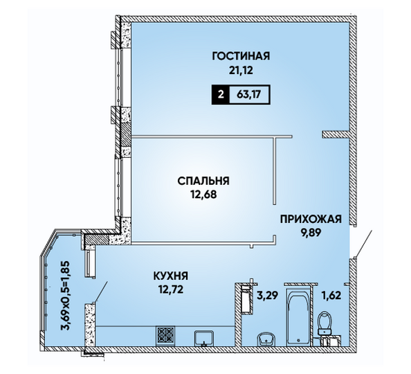 Планировка 2-комн 63,17 м²