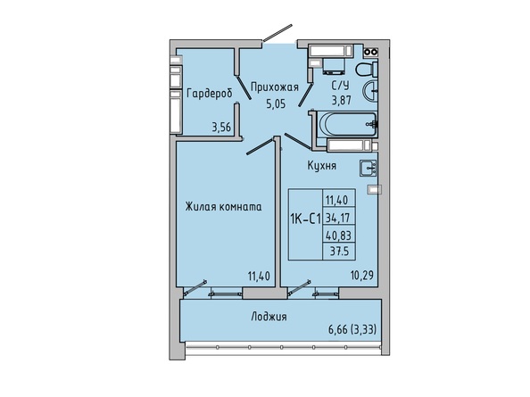Планировка 1-комн 37,17 - 37,88 м²
