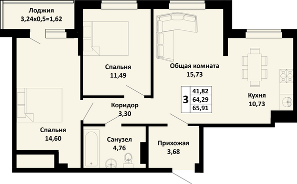 Планировка 3-комн 65,91 м²