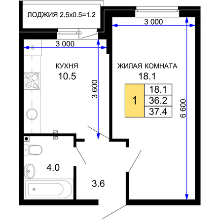 Планировка 1-комн 37,4 м²